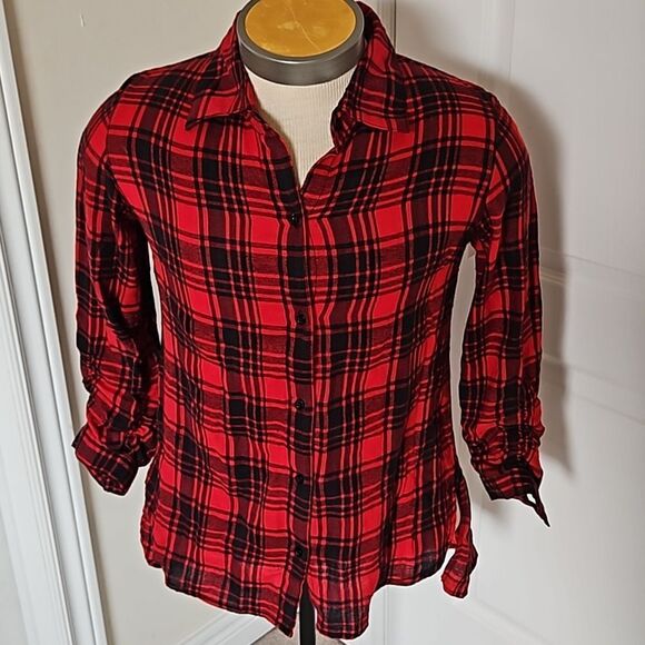 Japana Women's Buffalo Plaid Flannel Long Sleeves Button Down Shirt Medium Red - Picture 1 of 16